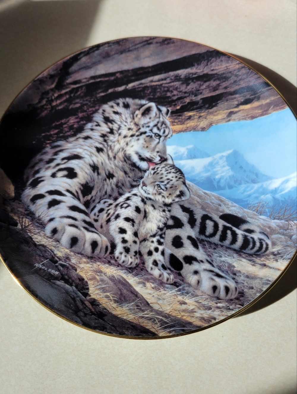 Snow Leopard Family Decorative Plate - White & Black